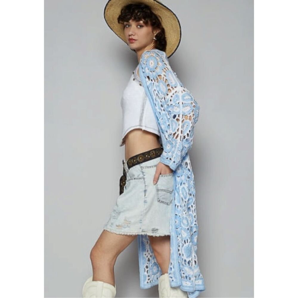 POL Blue Crochet Duster Cardigan Boho Kimono Open Knit Lace Patchwork Floral NEW - Picture 5 of 16
